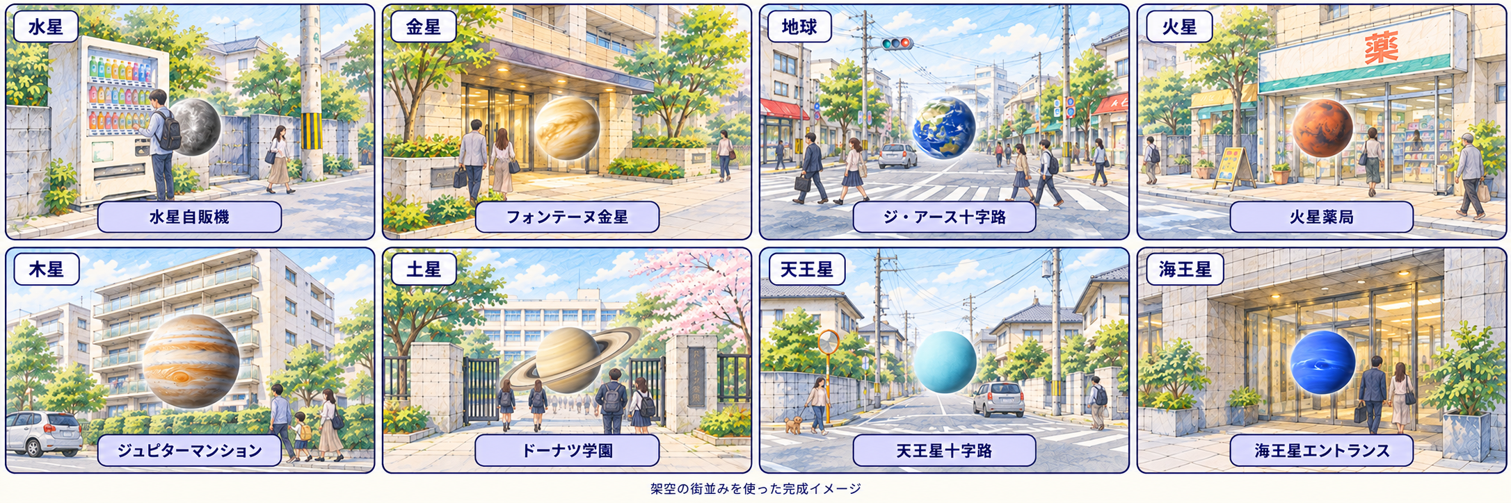 人物と車のいる架空の街並みと惑星を組み合わせた8パネルの説明イラスト