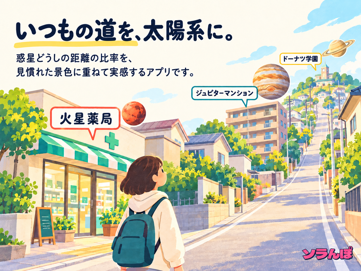 いつもの道を太陽系に。火星薬局・ジュピターマンション・ドーナツ学園の説明イラスト